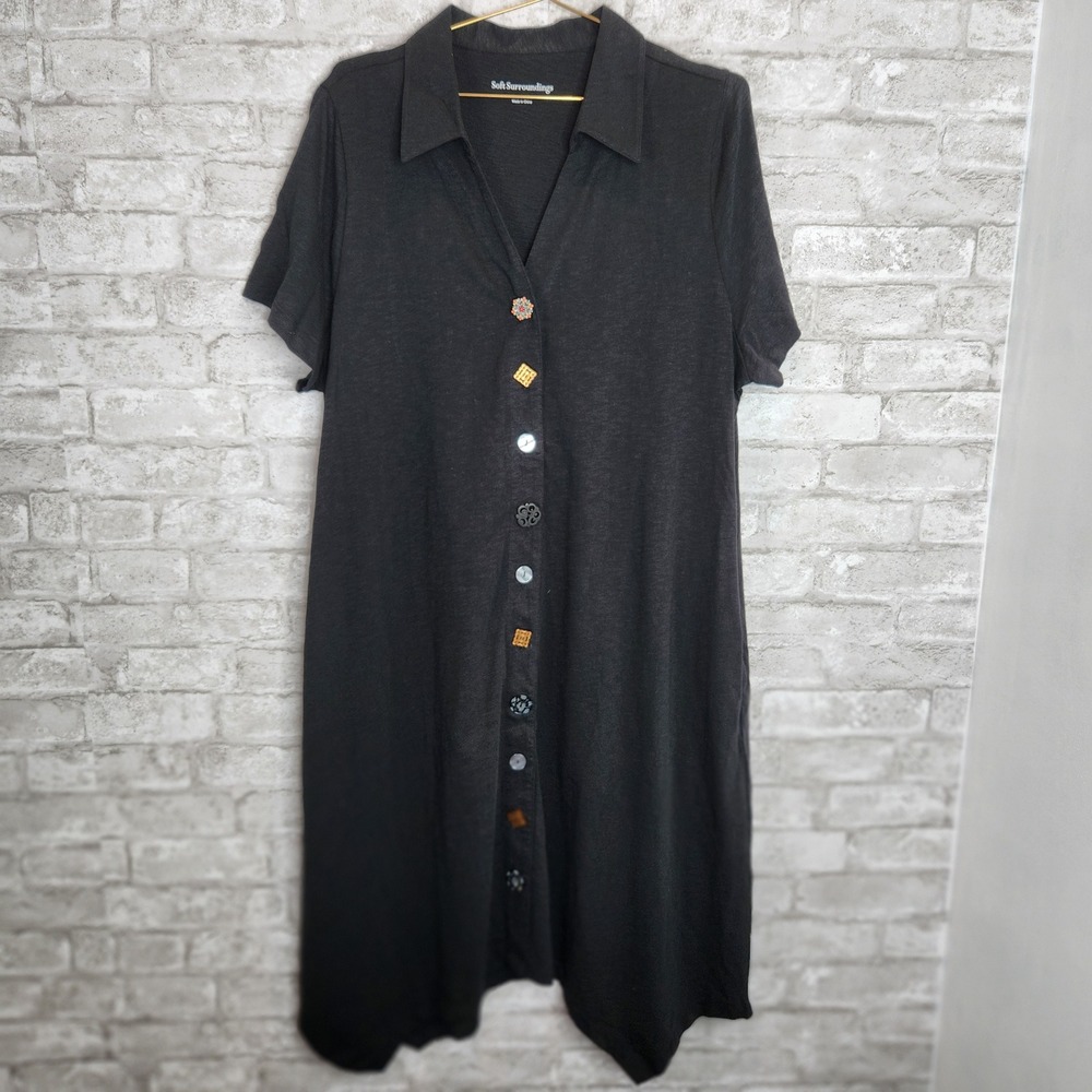Soft Surroundings Danielle Shirt Dress Black Unique Buttons Boho Artsy Casual 1X